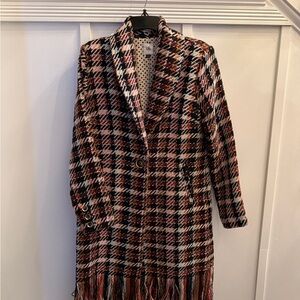 CAbi Pink and Black Plaid Blazer with Fringe